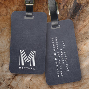 Etiqueta De Bagagem Masculina De Monograma De Couro Azul