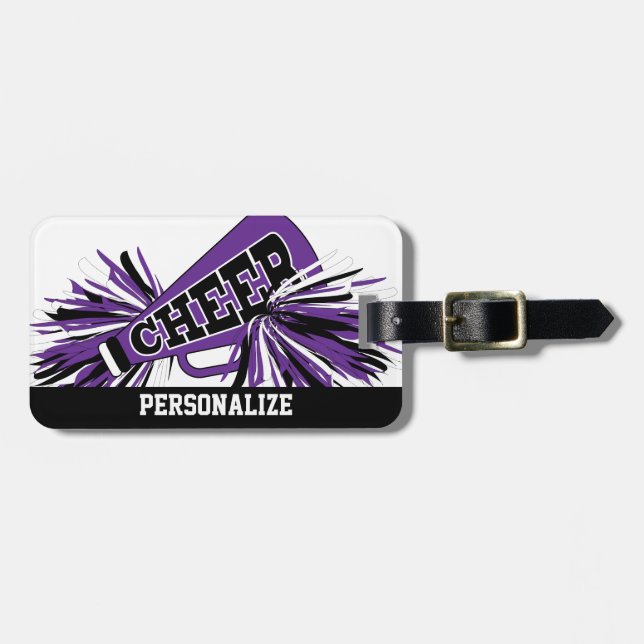 Etiqueta De Bagagem Megafone de Cheerleader roxo, branco e preto (Frente Horizontal)