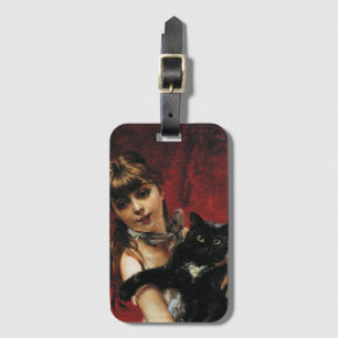 Etiqueta De Bagagem Menina com um Gato Preto nos Braços