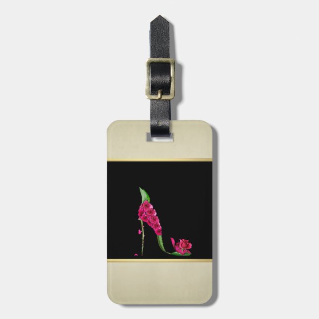 Etiqueta De Bagagem Menina Elegante Moderna, Preta, Névoa, Flor (Frente Vertical)