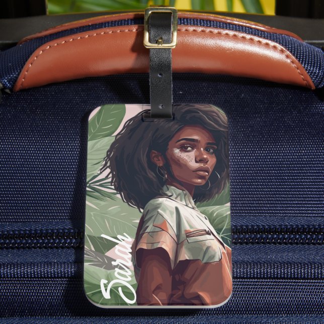 Etiqueta De Bagagem Menina Negra Mínima Com Folhas Tropicais (Frente Insitu 2)
