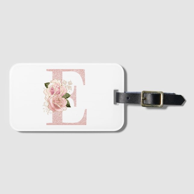 Etiqueta De Bagagem Menina Rosa Dourado Pálido Brilho Monograma Floral (Frente Horizontal)