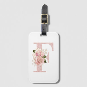 Etiqueta De Bagagem Menina Rosa Pálido Dourado Brilho Floral Monograma