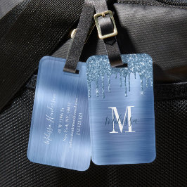 Etiqueta De Bagagem Metal Brushed com Gotejamento de Brilho Azul Monog