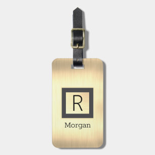Etiqueta De Bagagem Metal Dourado, Nome Preto & Monograma, Caixa Preta