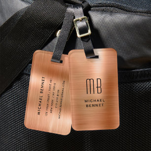 Etiqueta De Bagagem Metal Elegante Monogramado Cobre Marrom Escovado