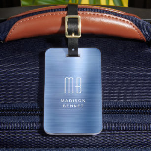 Etiqueta De Bagagem Metálico Elegante Monograma Blue Faux Bruted
