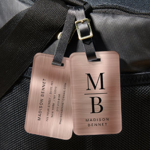 Etiqueta De Bagagem Metálico Elegante Monograma Rosa Dourado Brutado