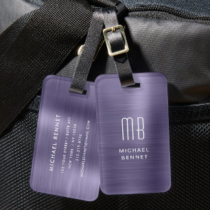 Etiqueta De Bagagem Metálico Elegante Monograma Roxo Bruto