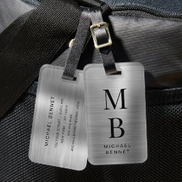 Etiqueta De Bagagem Metálico Elegante Monogramado Prateado Brilhante