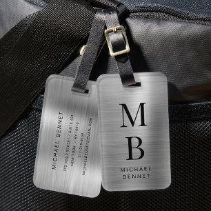 Etiqueta De Bagagem Metálico Elegante Monogramado Prateado Brilhante