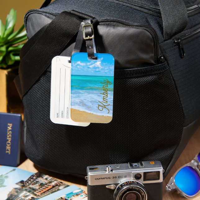 Etiqueta De Bagagem Minha Praia Tropical Personalizada (Frente e Verso)