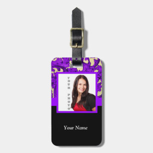 Etiqueta De Bagagem Modelo de foto de damasco floral roxo