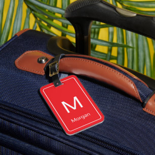 Etiqueta De Bagagem Modelo de Monograma e Nome Vermelho Branco Simples