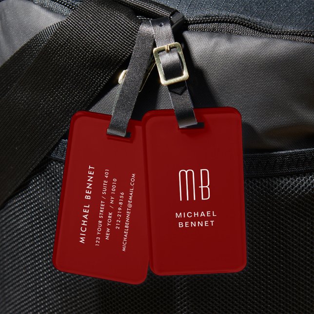 Etiqueta De Bagagem Modern Burgundy Monograma (Modern Red Monogrammed Luggage Tag)