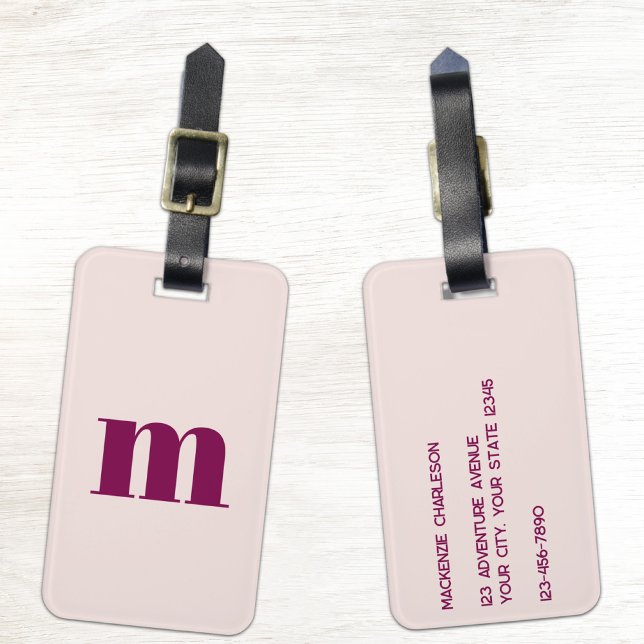 Etiqueta De Bagagem Modern Monogram Initial Blush Pink Burgundy (Modern personalized custom monogram initial minimalist blush pink and burgundy luggage tag)