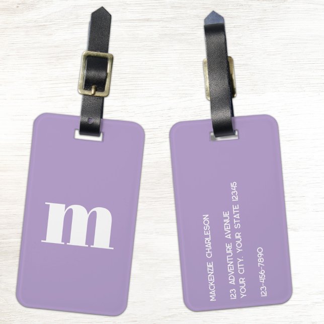 Etiqueta De Bagagem Modern Monogram Initial Lilac Pastel (Modern monogram initials personalized minimalist dopamine lilac purple luggage tag for adventurers)