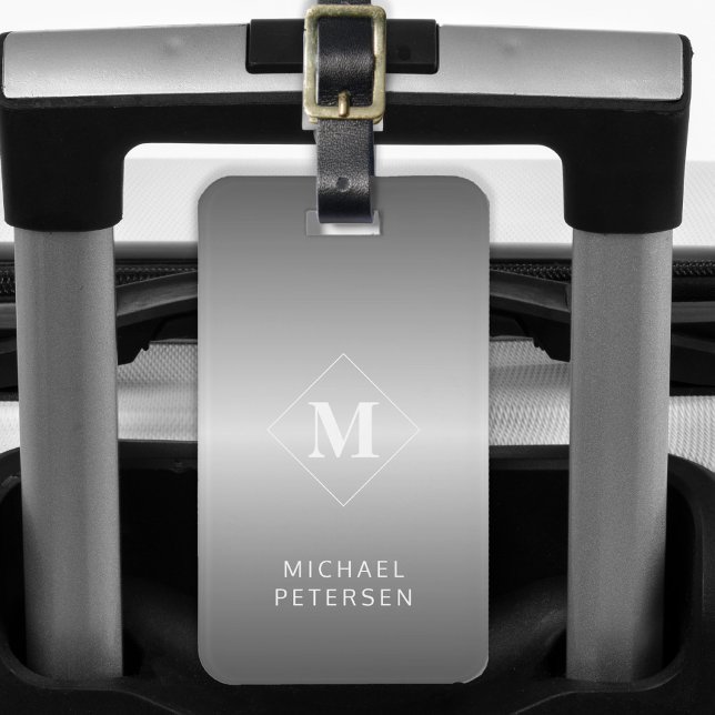 Etiqueta De Bagagem Modern silver brushed metal monogrammed (Criador carregado)