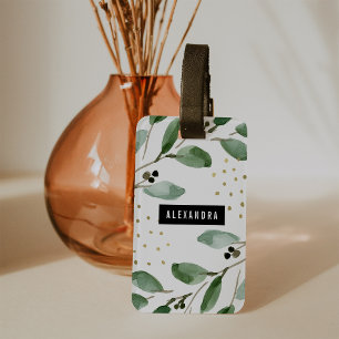 Etiqueta De Bagagem Modern Watercolor Greenery e Dourado   Monograma