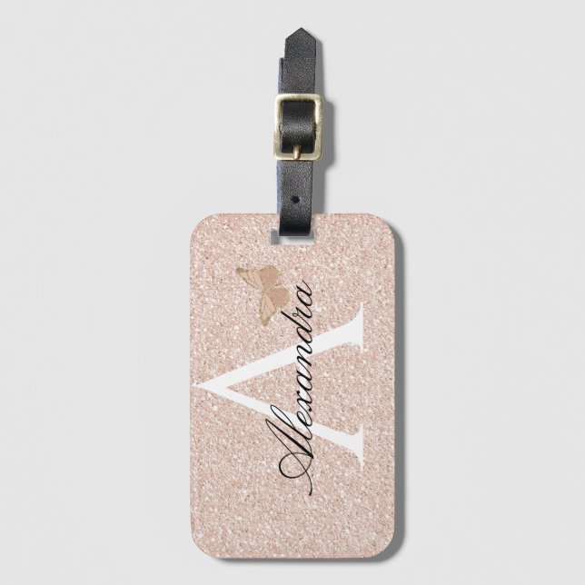 Etiqueta De Bagagem Moderno Elegante Girly Blush Viagem Monograma rosa (Frente Vertical)