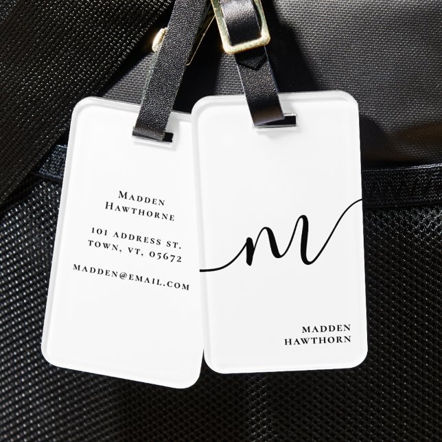 Etiqueta De Bagagem Moderno Monograma Script Caligrafia Preta (Criador carregado)