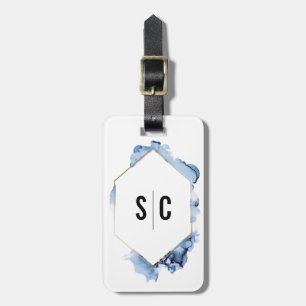 Etiqueta De Bagagem Moldura Dourada de cor azul monograma recém-criada