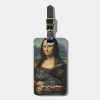 Etiqueta De Bagagem Mona Lisa segurando um gato cinza elegante