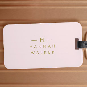 Etiqueta De Bagagem Monogram Blush Pink Elegant Gold Minimalist