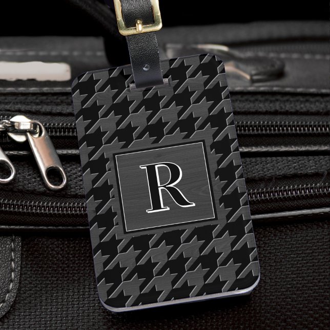 Etiqueta De Bagagem Monogram Houndstooth Pattern Black & Grey Wood (Criador carregado)