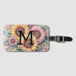 Etiqueta De Bagagem Monogram lace floral pink yellow orange sunflowers