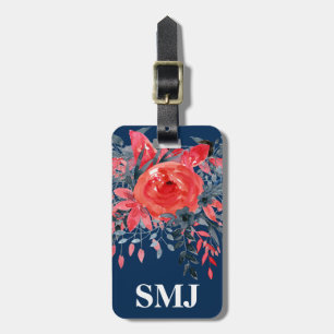 Etiqueta De Bagagem Monograma Aquarela Azul Floral Denim / Rosa vermel