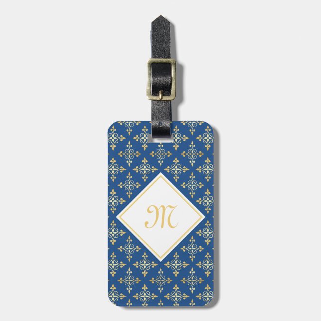 Etiqueta De Bagagem Monograma Azul e Dourado Quatre Floral (Frente Vertical)