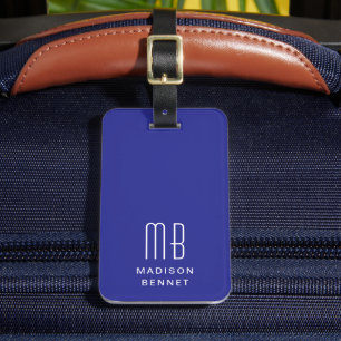 Etiqueta De Bagagem Monograma Azul Elegante