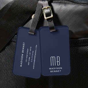 Etiqueta De Bagagem Monograma Azul Elegante Marinho