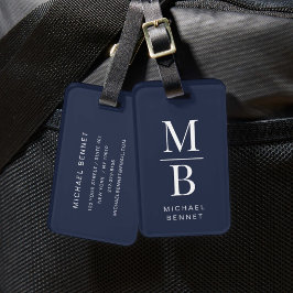 Etiqueta De Bagagem Monograma Azul Marinho Elegante
