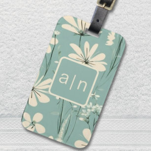 Etiqueta De Bagagem Monograma Azul Moderno Floral