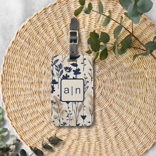 Etiqueta De Bagagem Monograma Azul Moderno Floral
