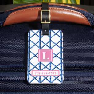 Etiqueta De Bagagem Monograma Azul Préppy com Treliça de Bambu