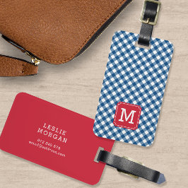Etiqueta De Bagagem Monograma Blue Gingham e Red