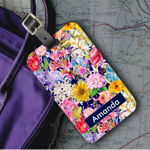 Etiqueta De Bagagem Monograma branco amarelo elegante Padrão floral