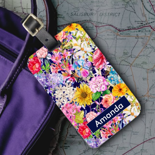 Etiqueta De Bagagem Monograma branco amarelo elegante Padrão floral (Criador carregado)