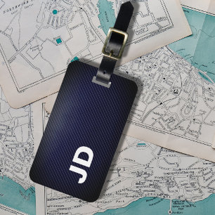 Etiqueta De Bagagem Monograma branco de linho azul elegante simples de