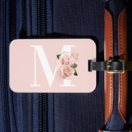 Etiqueta De Bagagem Monograma Branco e Rosa Dourado com Glitter Floral