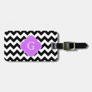 Etiqueta De Bagagem Monograma branco preto de Quatrefoil do Lilac de