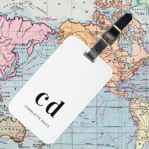 Etiqueta De Bagagem Monograma branco, preto, iniciais elegante