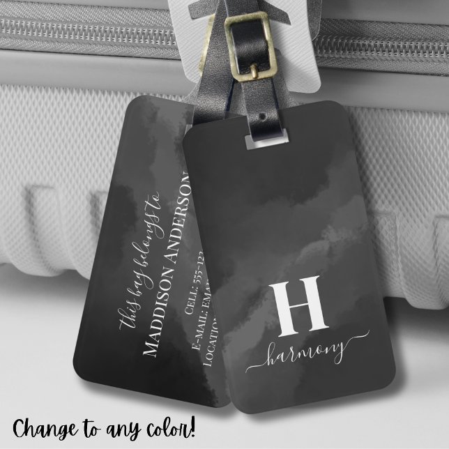 Etiqueta De Bagagem Monograma branco preto simples (Simple Black White Monogram Luggage Tag)