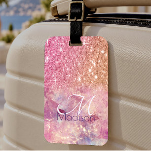 Etiqueta De Bagagem Monograma brilhante rosa ombre chic