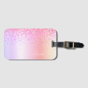 Etiqueta De Bagagem Monograma Brilho Pastel Arco-íris Rosa Dourado Rox