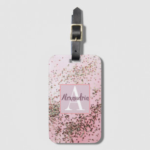 Etiqueta De Bagagem Monograma Champagne Pink Confetti  