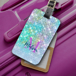 Etiqueta De Bagagem Monograma cintilante de Faux unicorn de Turquoise